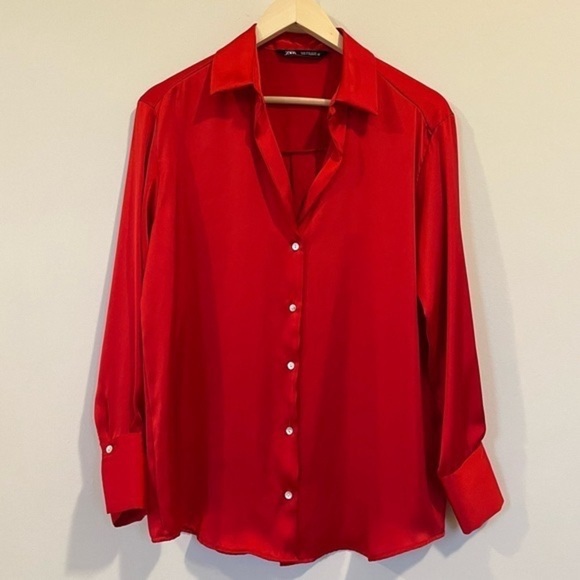 Satin Blouse Zara Relaxed Fit Polyester Primary Red Office Small Office Siren - Picture 2 of 11